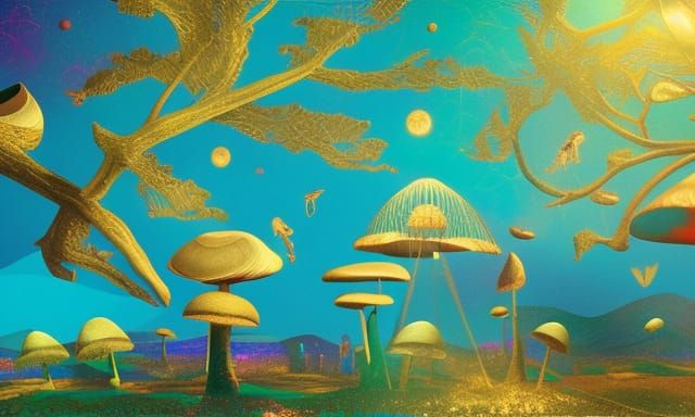 dreamlike golden landscape features exotic plants, mushrooms...