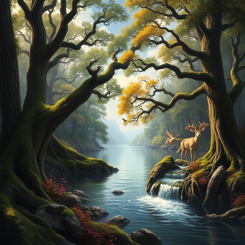 Majestic Forest Landscape in Dreamy Matte Painting Style