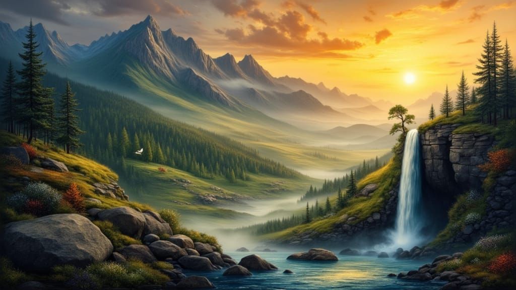 Stoneart Mountain Landscape at Sunset with Waterfall