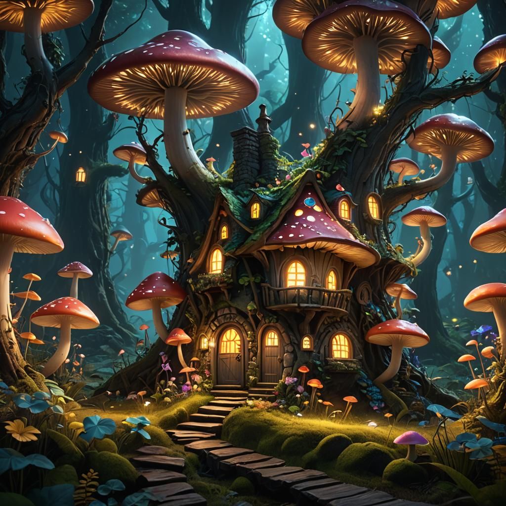 A fairy mushroom house in an enchanted bioluminescent forest. - AI ...