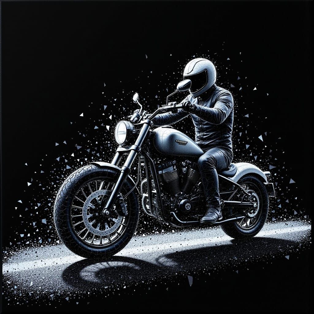 motorcycle on road abstract portrait made with shattered glass on black velvet. the shatters forms the outline of portrait <lora:Shattered:1...