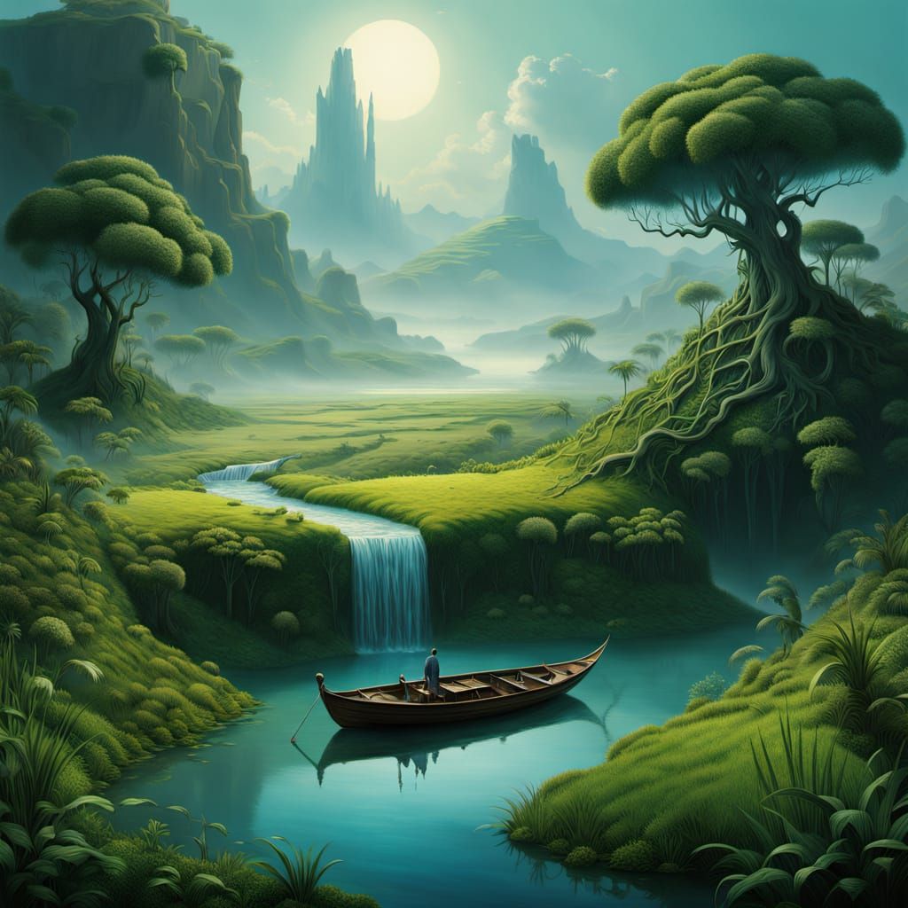 Surreal Hand Landscape with River and Boat