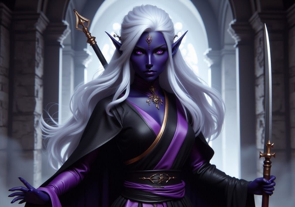 <lora:Drow Elf:1.0> A dark elf woman, a monk with a powerful martial presence, depicted in the detailed style of Dungeons & Dragons characte...