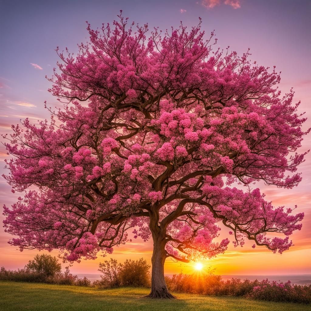 Tree with pink flowers in the sunset