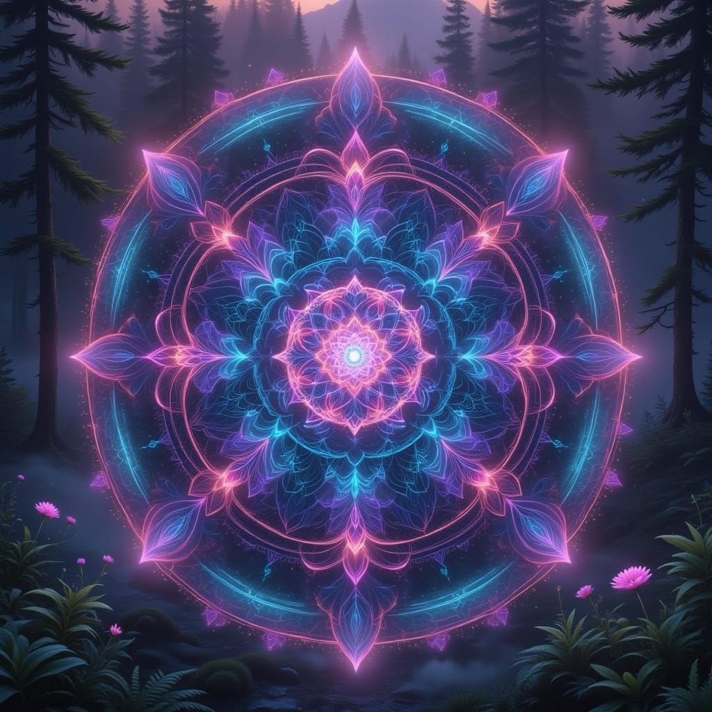 <lora:Mandala NatureBox:1.0> A mystical, glowing mandala with vibrant, neon colors ambient holographic