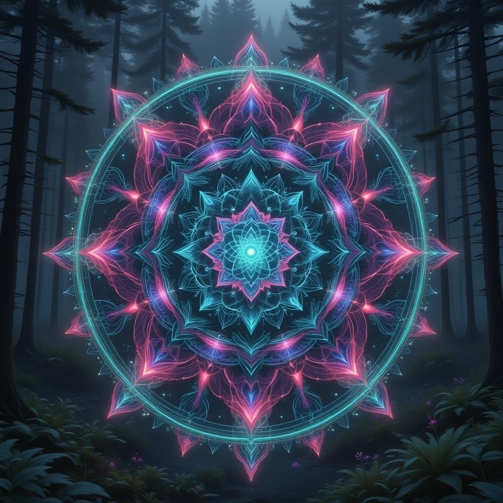 <lora:Mandala NatureBox:1.0> A mystical, glowing mandala with vibrant, neon colors ambient holographic