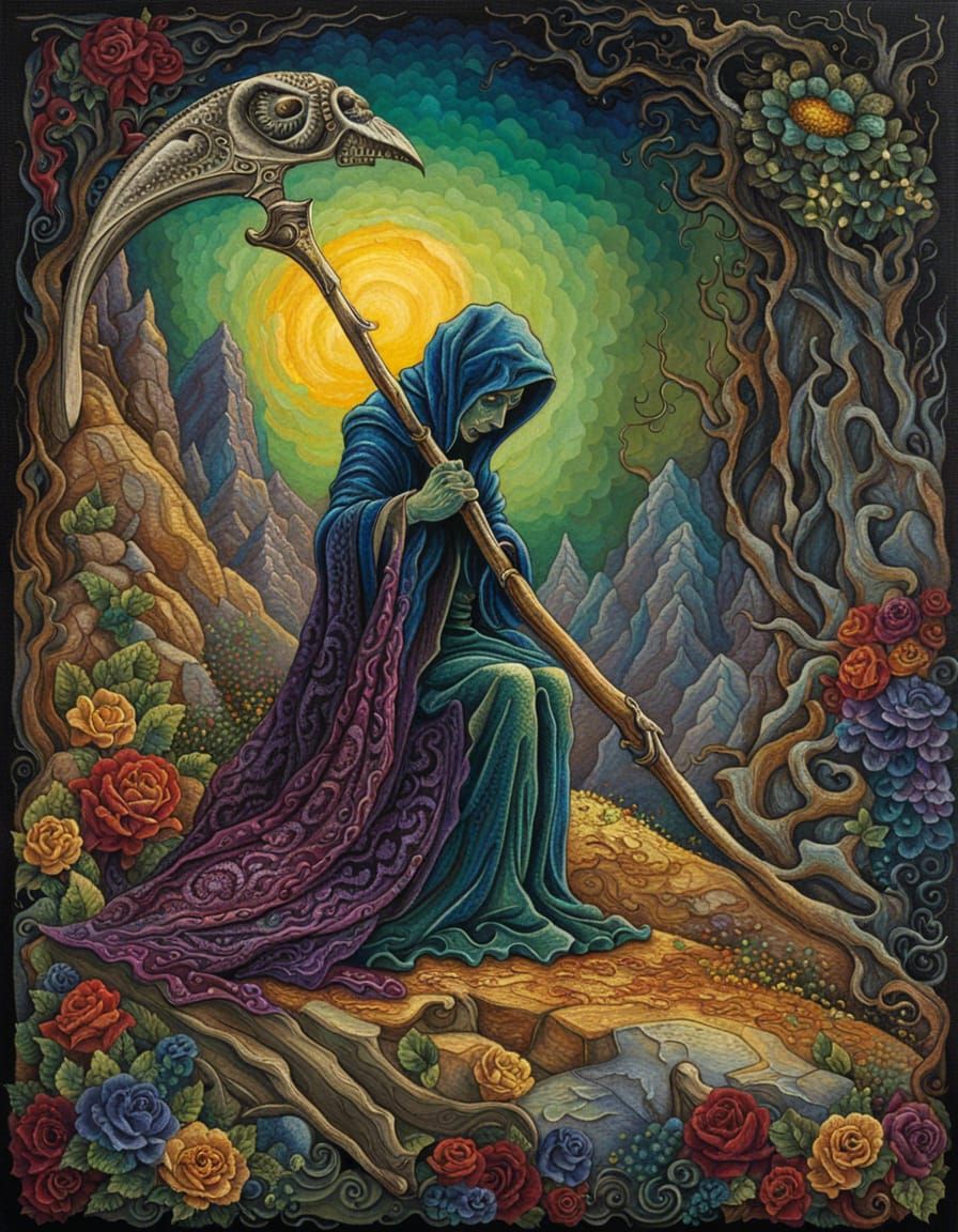 Death with a scythe is sitting on a stone   by @Maria_fairy_id