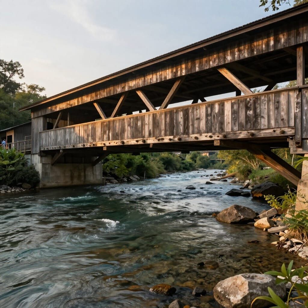 Photorealistic Covered Bridge at Golden Hour