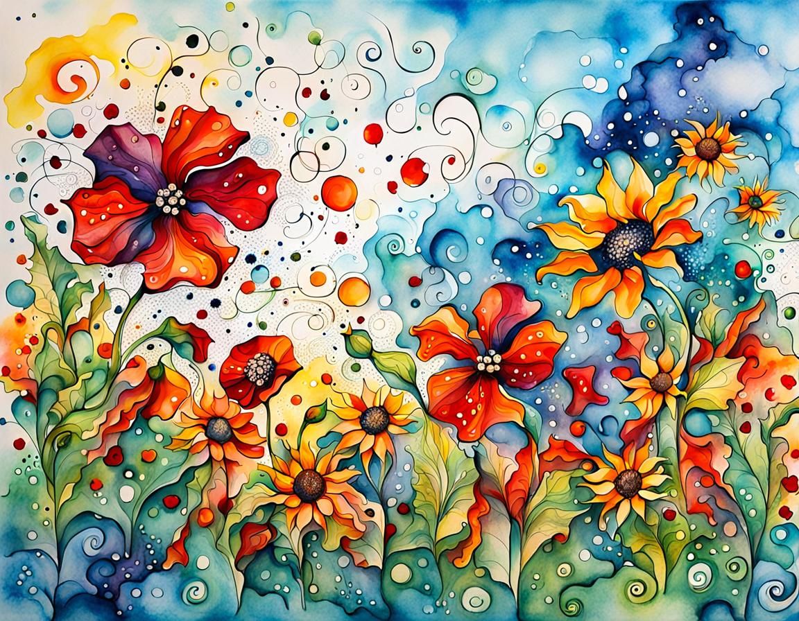 ABSTRACT hibiscus flowers, sunflowers, poppies in alcohol ink   by @Livia ACumplice