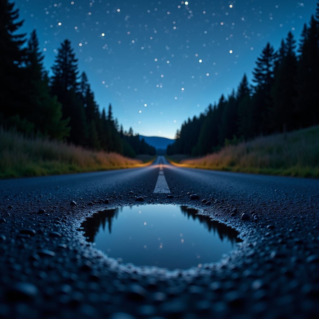 Reflection of the stars in a little puddle on the road, starry sky, peaceful, serene mood