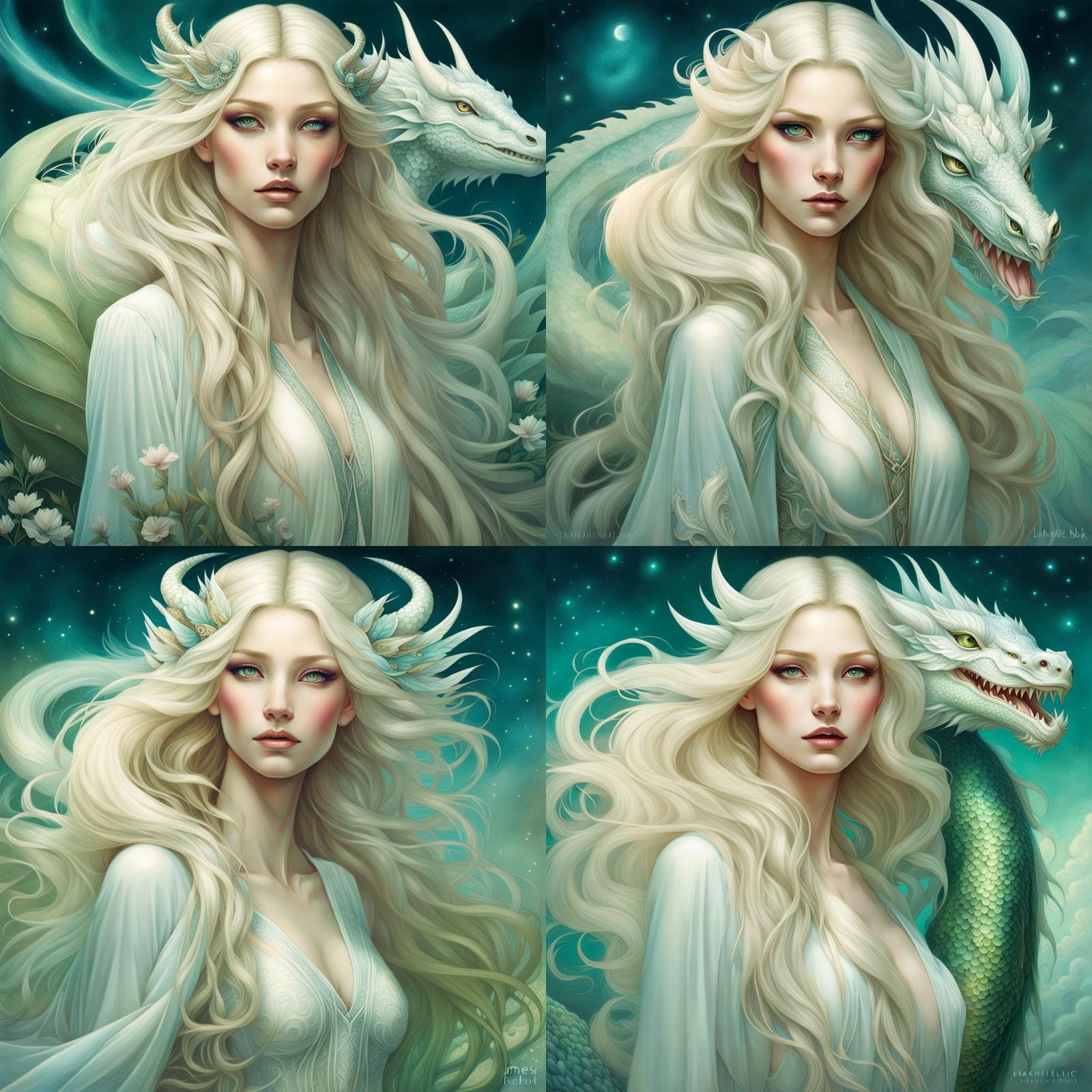 large white iridescent dragon, Girl, long wavy white blonde hair ...