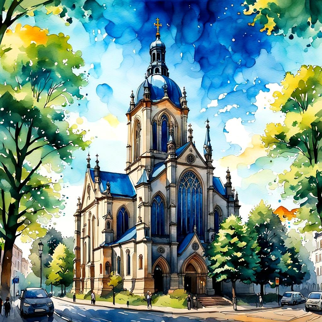 detailed watercolor Portrait of the front exterior of Thomaskirche, Leipzig in an awe-inspiring, majestic ...  by @1DaisyMae