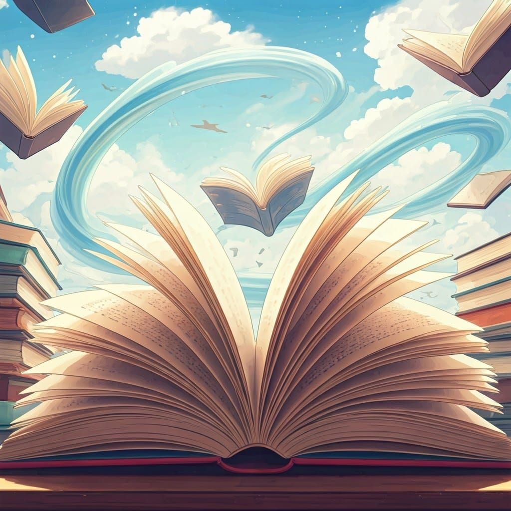 Whimsical Book of Wonder with Flying Books and Birds