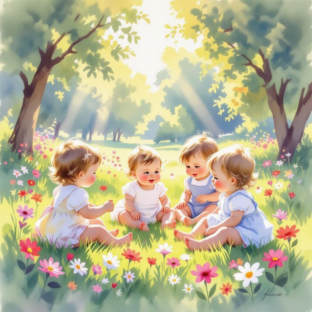 Adorable Babies in Watercolor Park Painting