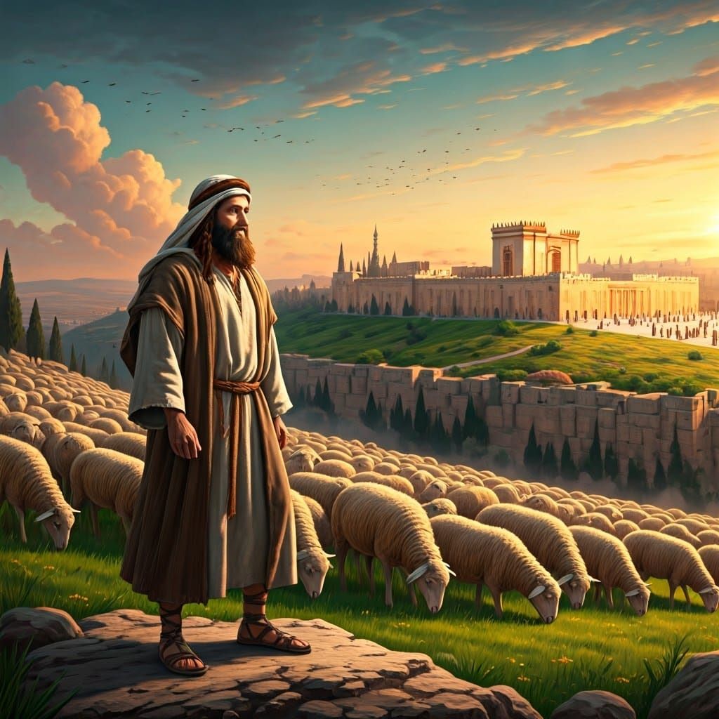 Ancient Shepherd Surveys Lush Flock Amidst Biblical Landscap...
