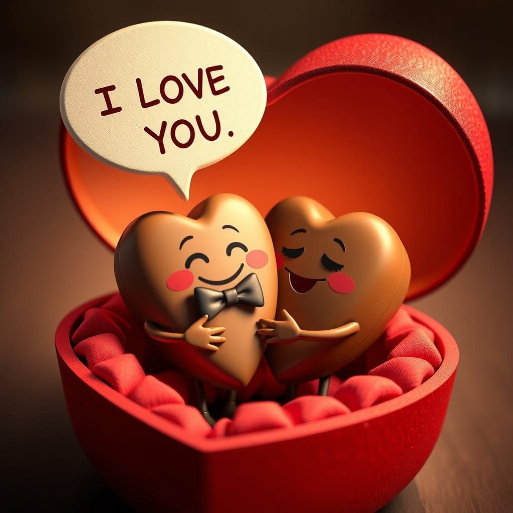A sweet CGI cartoon scene of a chocolate  heart with a speech bubble " I LOVE YOU " ,...  by @KrystofM75