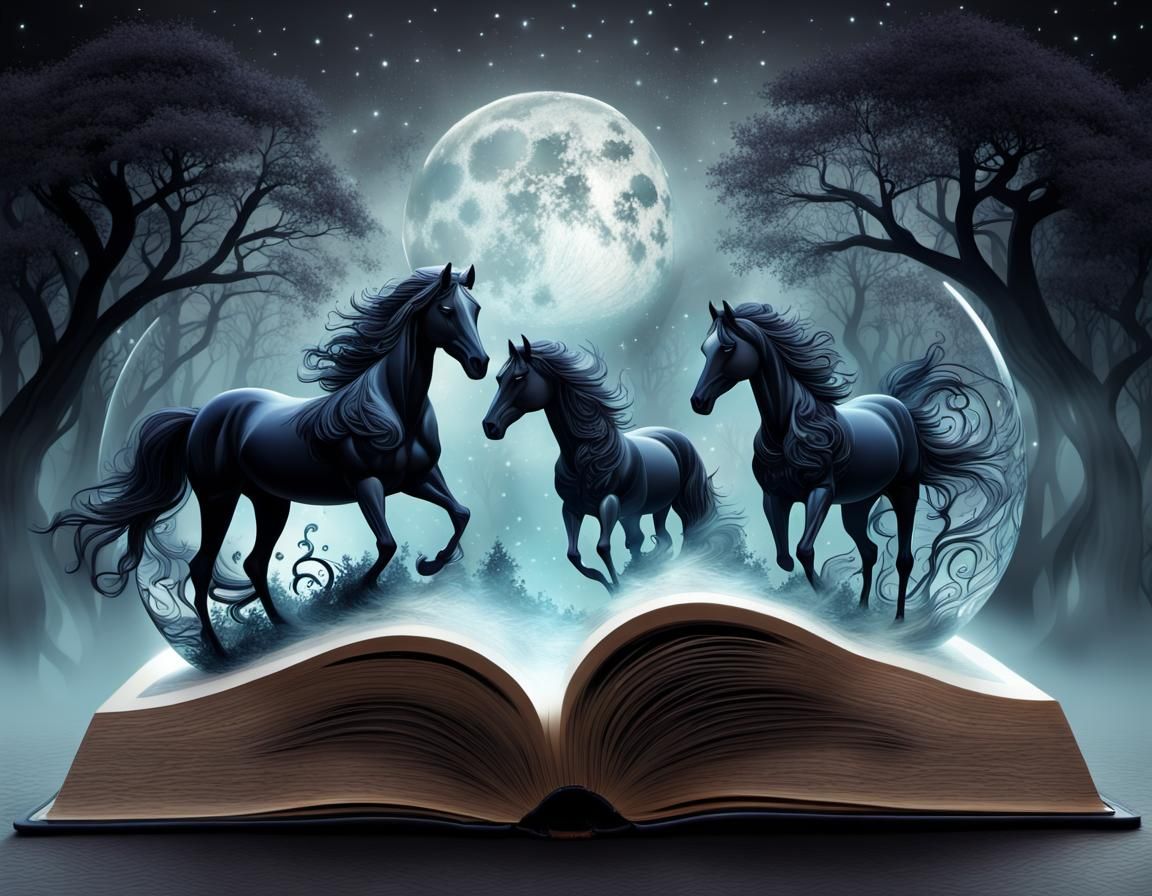 book, black horses walking out of hand carved lace marble sc...
