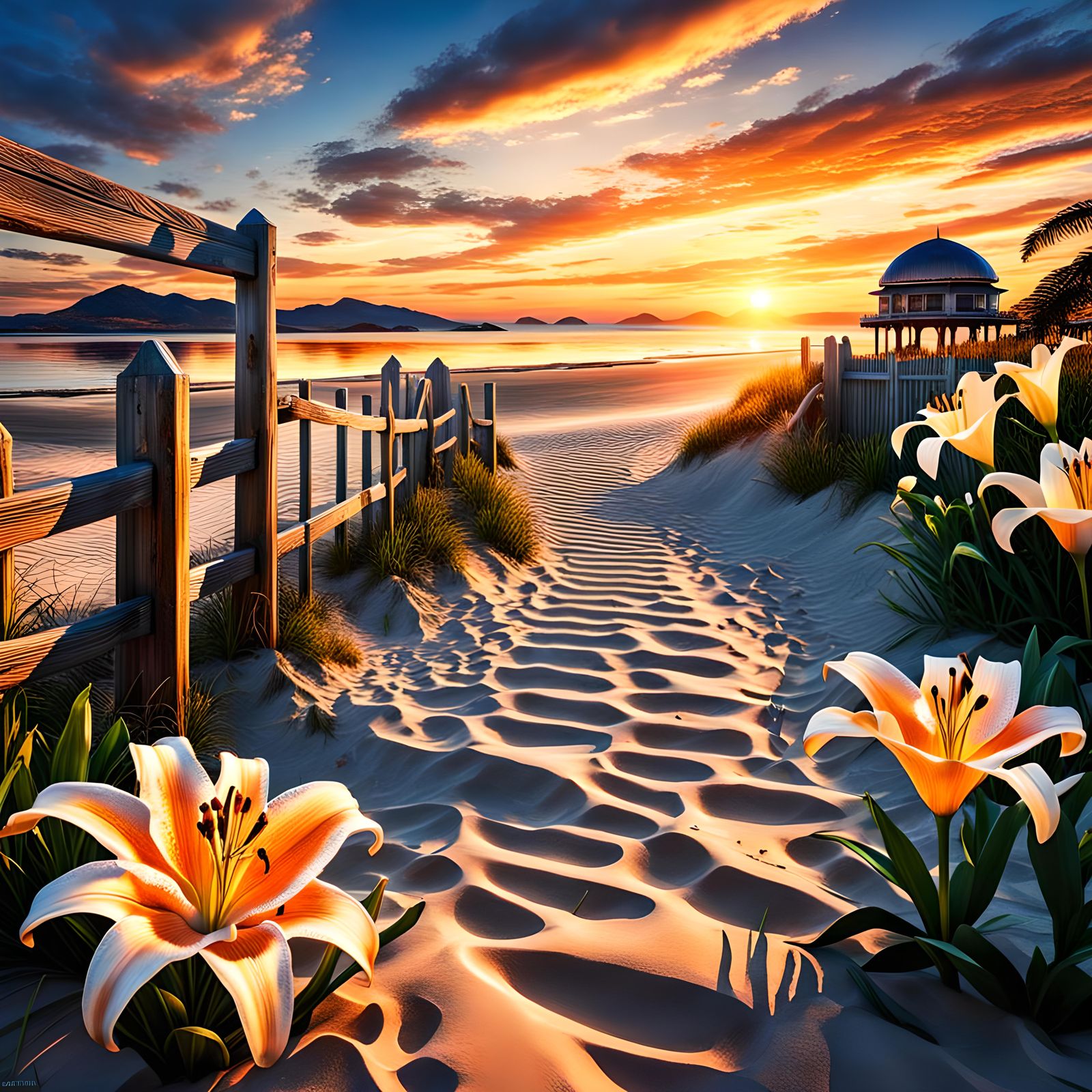 Sunset over the bay with sand domes and a wooden fence with lily's intricate details, HDR, beautifully ...  by @Patsy 