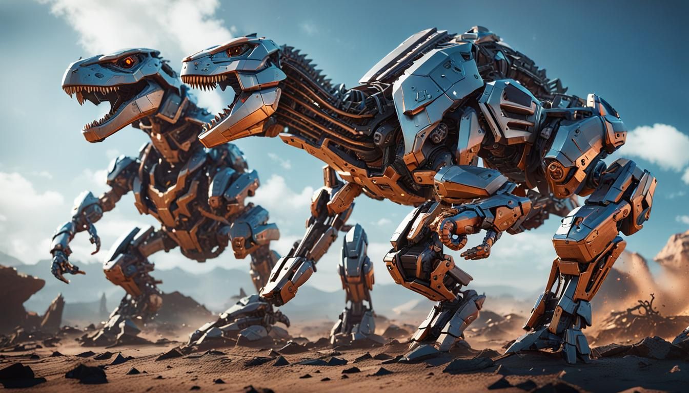 dino cyborgs fighting each other   by @Chippa