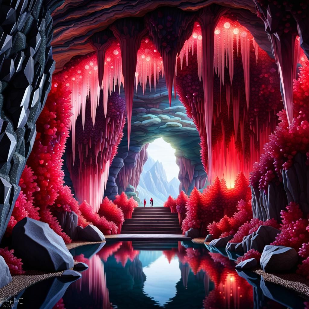 “a Beautiful Sparkling Crystal Cave With Ruby Stalactites, Geode 