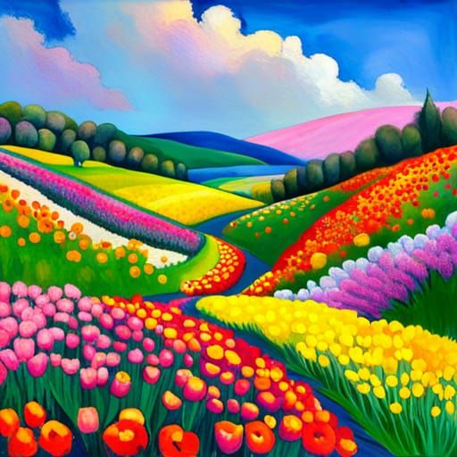 Rolling hills covered in flowers