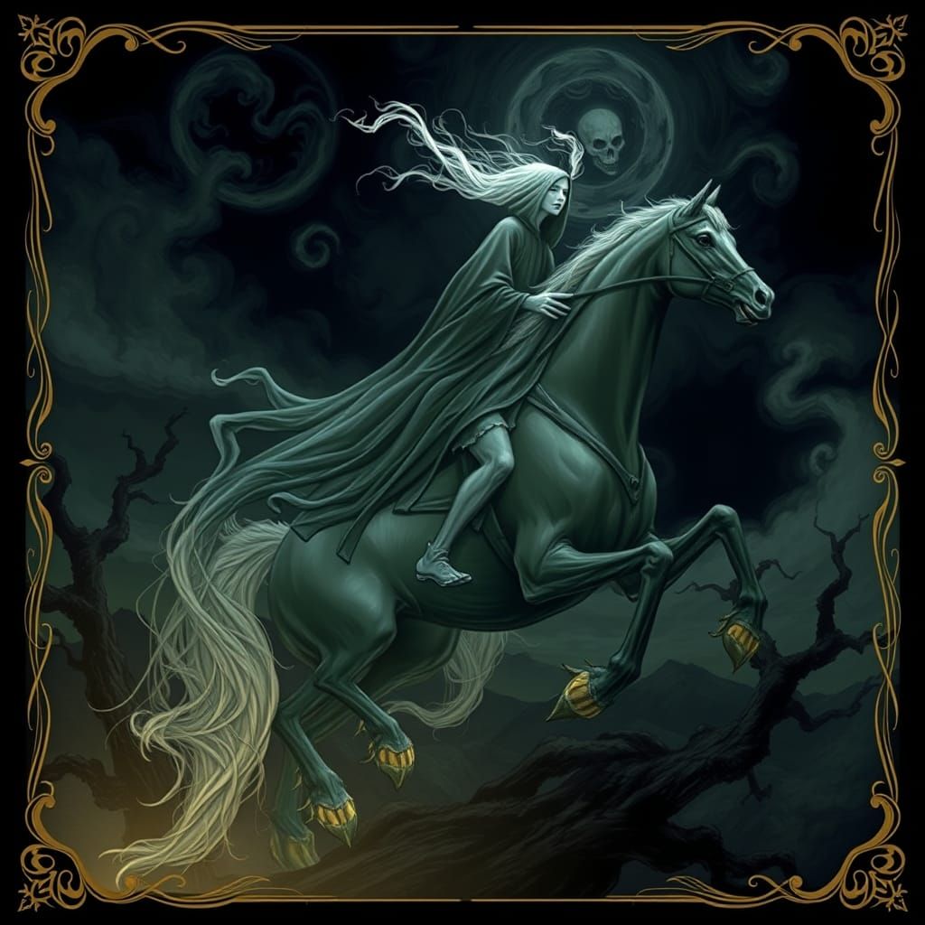 A spectral figure riding a surreal horse, with a dark, twist...