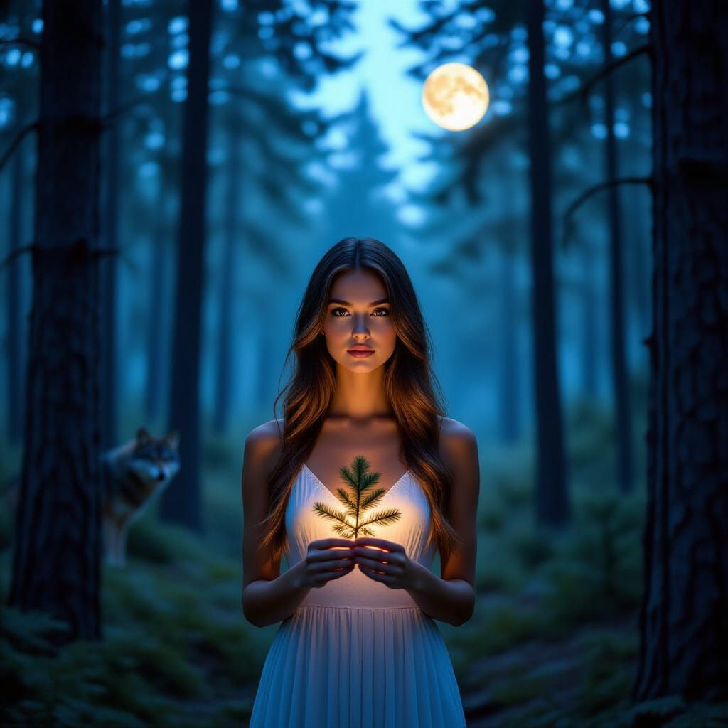 Create a hyper-realistic image of a young woman standing in a very dense forest among extremely tall pine trees. The woman seems to glow sof...