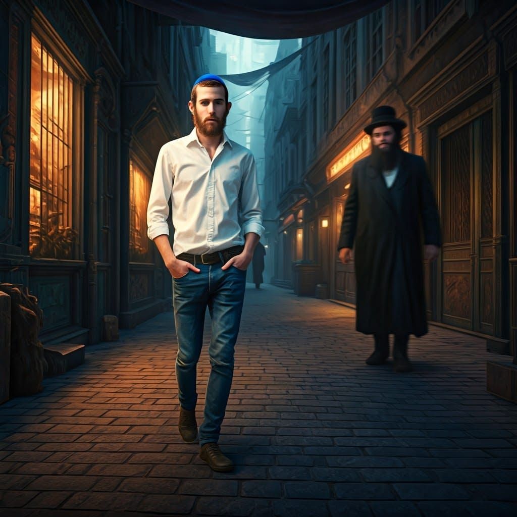 Young Orthodox Man in Cityscape, Detailed Matte Painting
