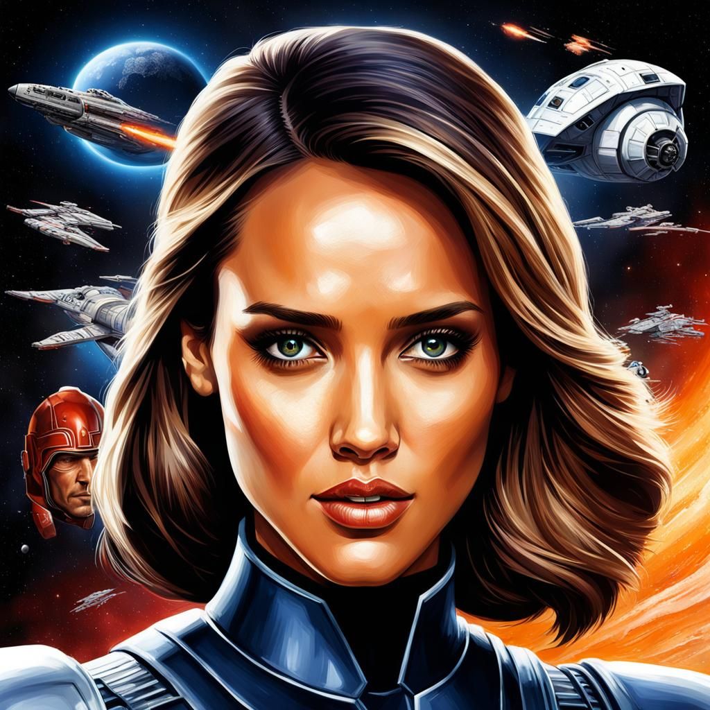 Realistic photo of a space opera princess jessica alba, buck...
