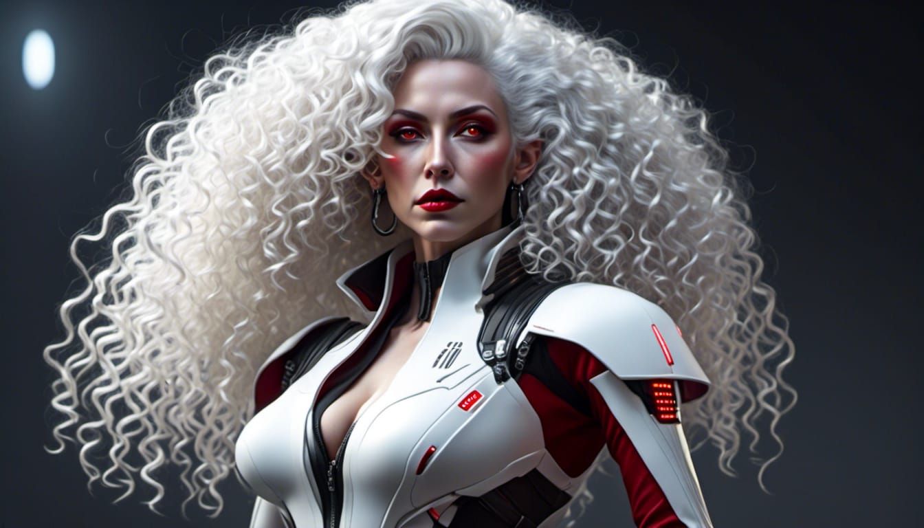 <lora:Sci-Fi Fusion:1.0>  realistic, alien female, white skin, white curly hair, red eyes, curvy, aristocratic features, full body portrait