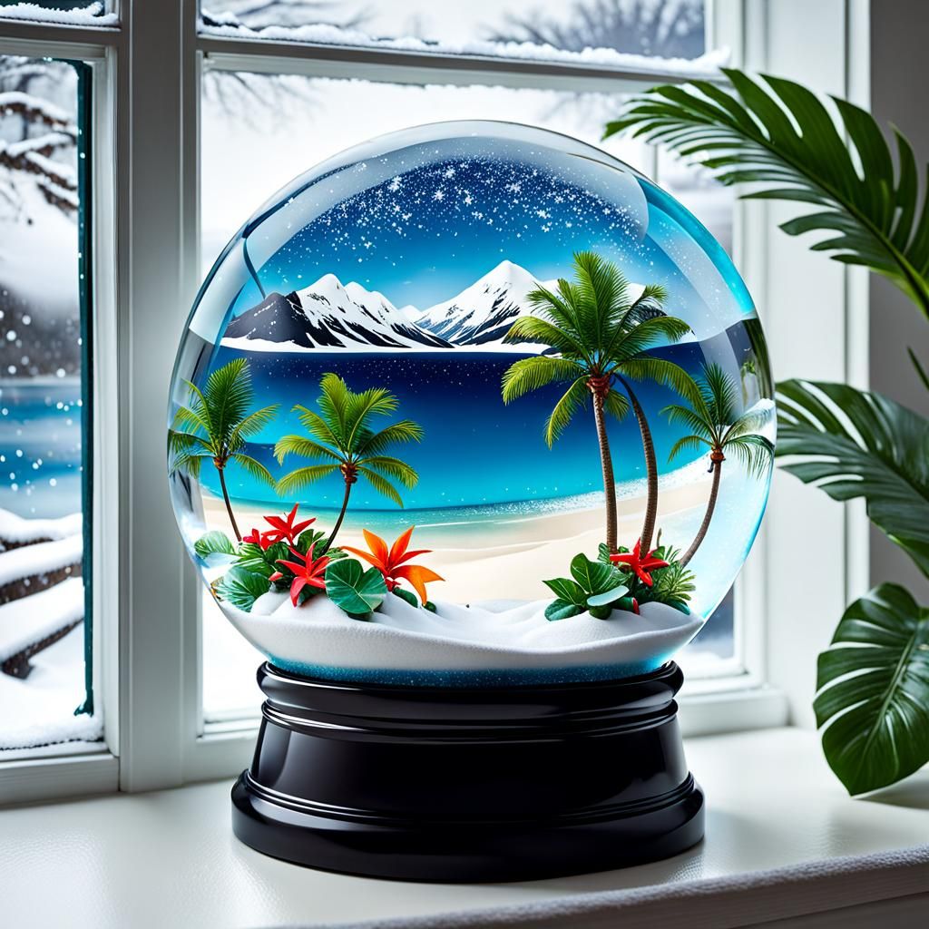 tropical beach in a snow globe  on a window sill showing win...