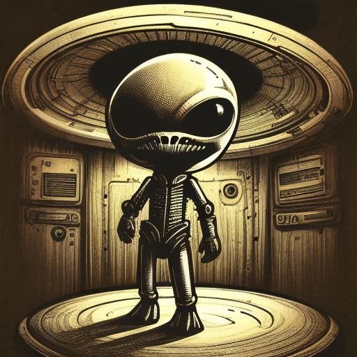 <lora:Vintage Sketch DS8:1.0> An alien standing in front of a round spaceship.  Sketch art. Vintage. 