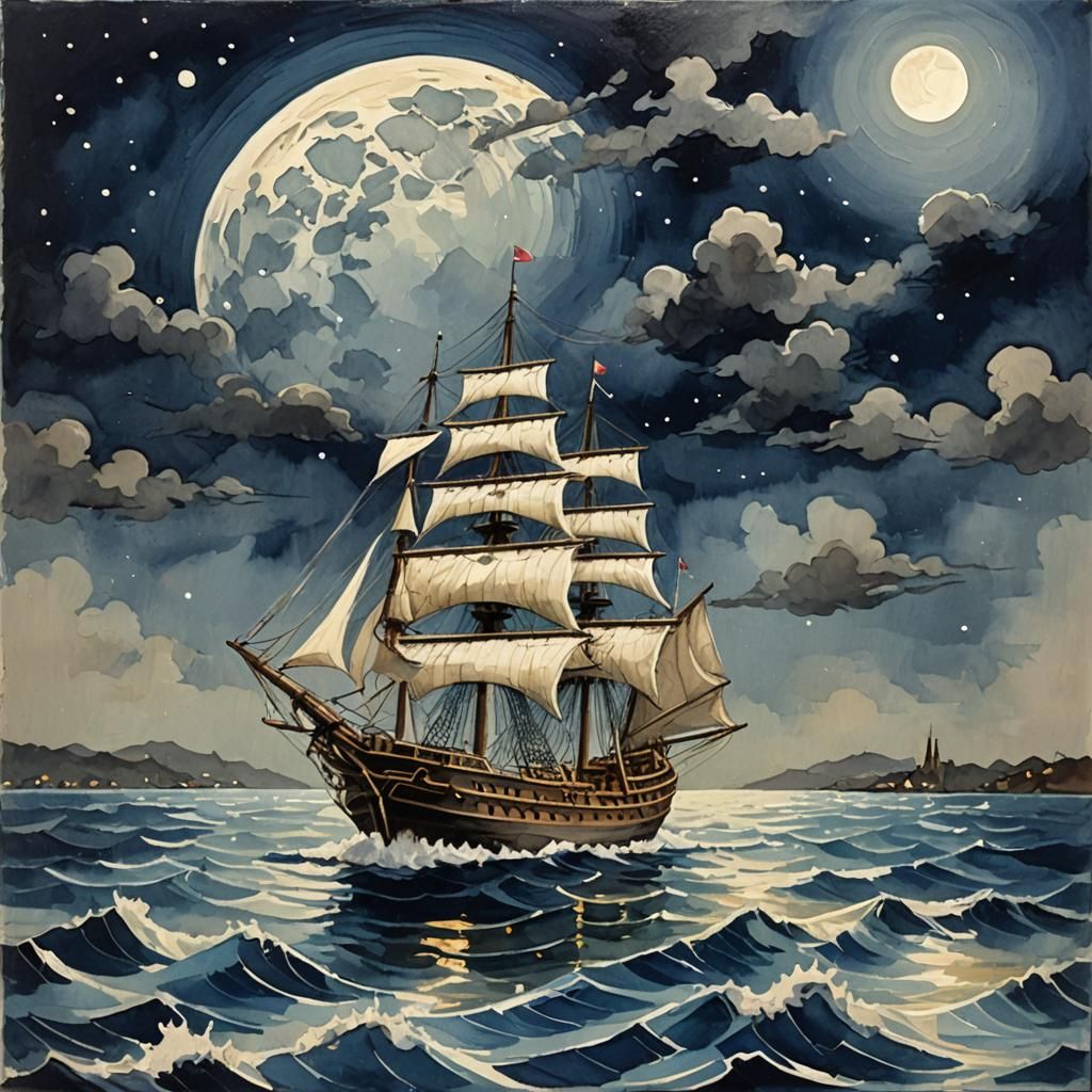 Tile art: a ship on the water, moonlight create with tiles