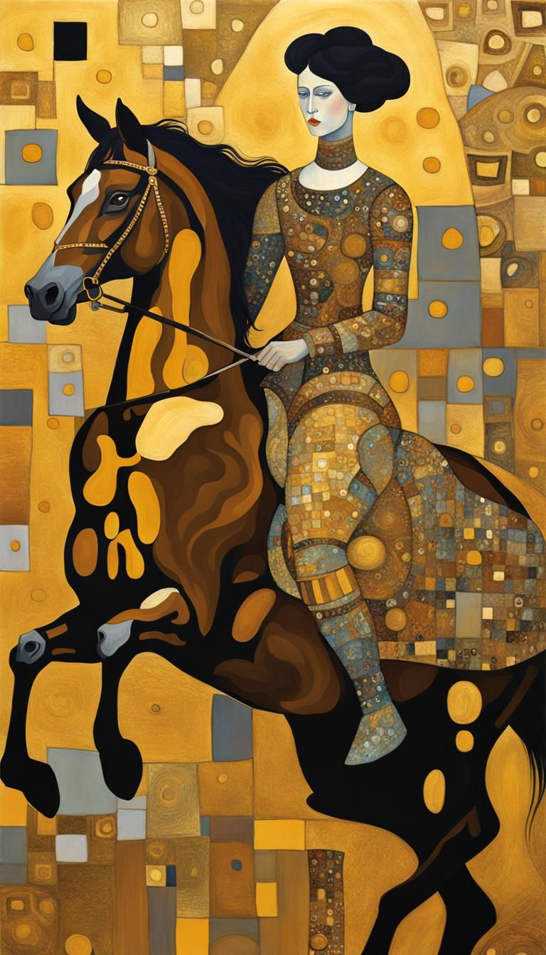 A woman riding a horse, gold, yellow, brown, style Gustav klimt, abstract art complementary colors fine details