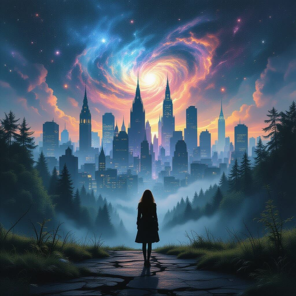 Woman at Forest and City Divide Under Cosmic Sky