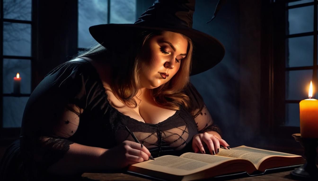 beautiful hefty curvy sbbw witch studying her hex book by candle lifgt in a dark and smoky room at full ...  by @White Dragon
