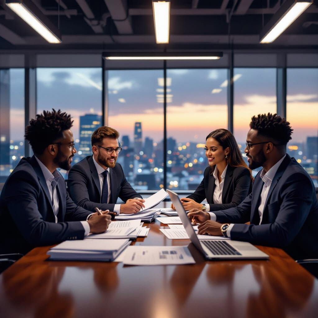A professional group of 4+ raciallly diverse business professionals in a office setting sitting at a table, engaged in discussion over docum...