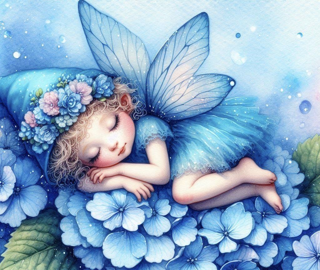 Blue Fairy Sleeps on a Hyacinth Flower, Wearing a Cap