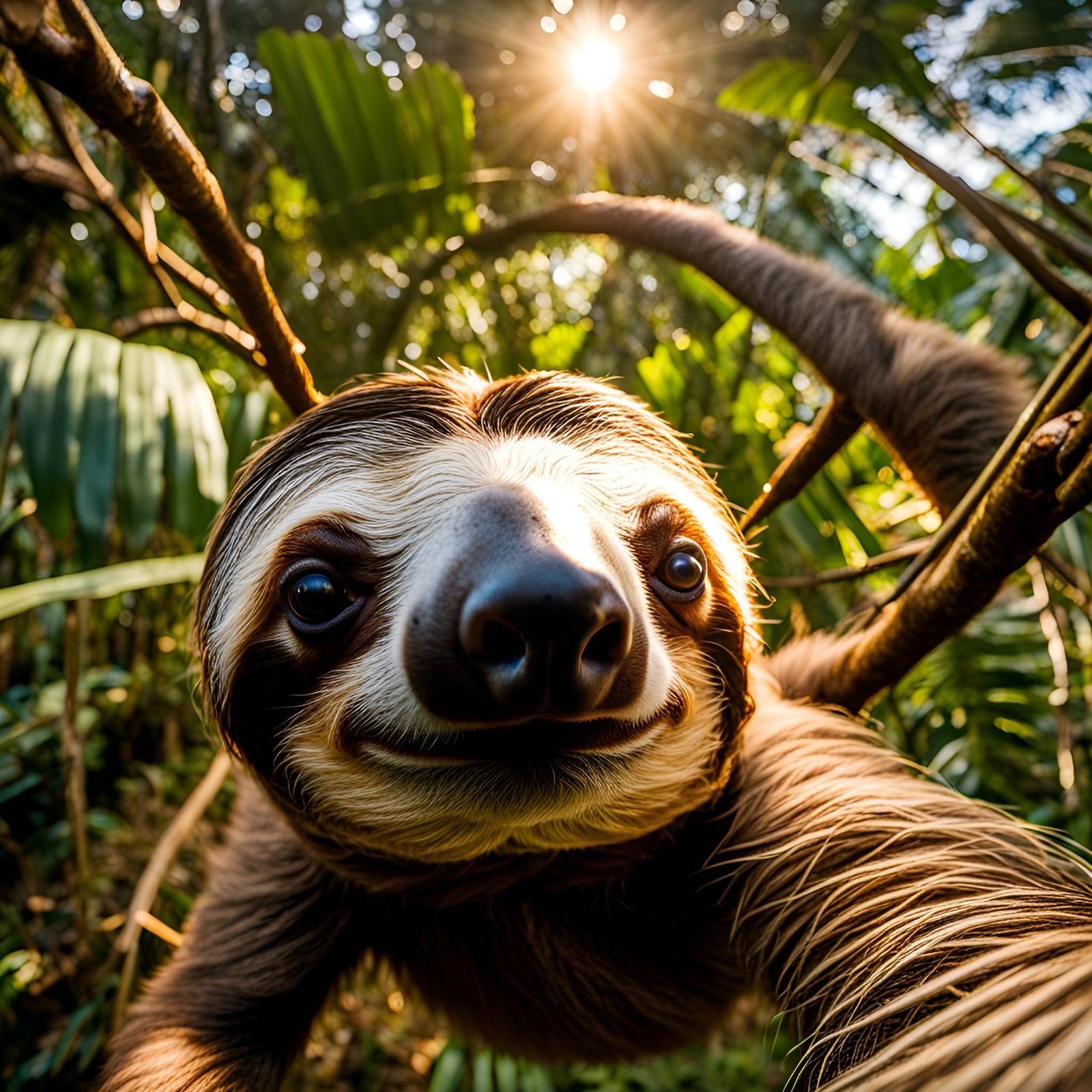 Selfie of sloth, hanging upside down from branch, rainforest, golden ...