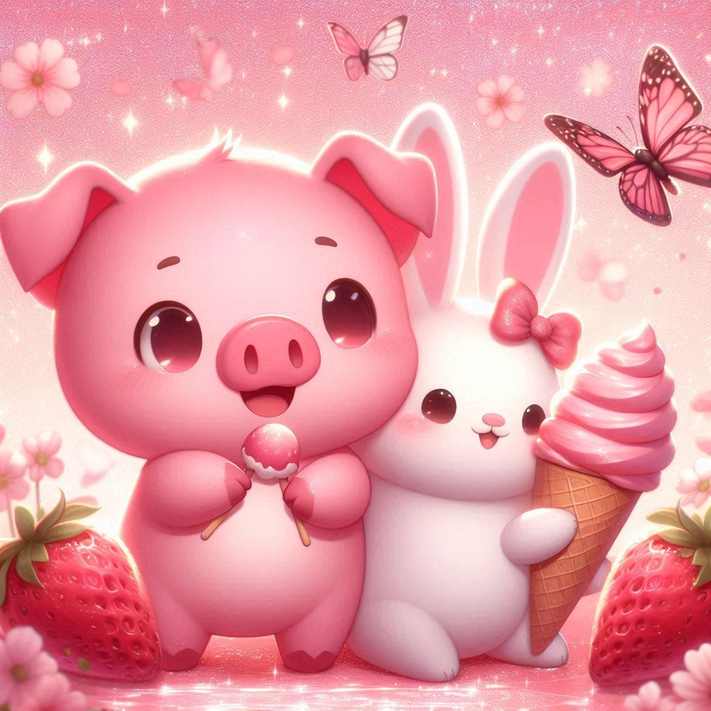 Pig and rabbit eating icecream