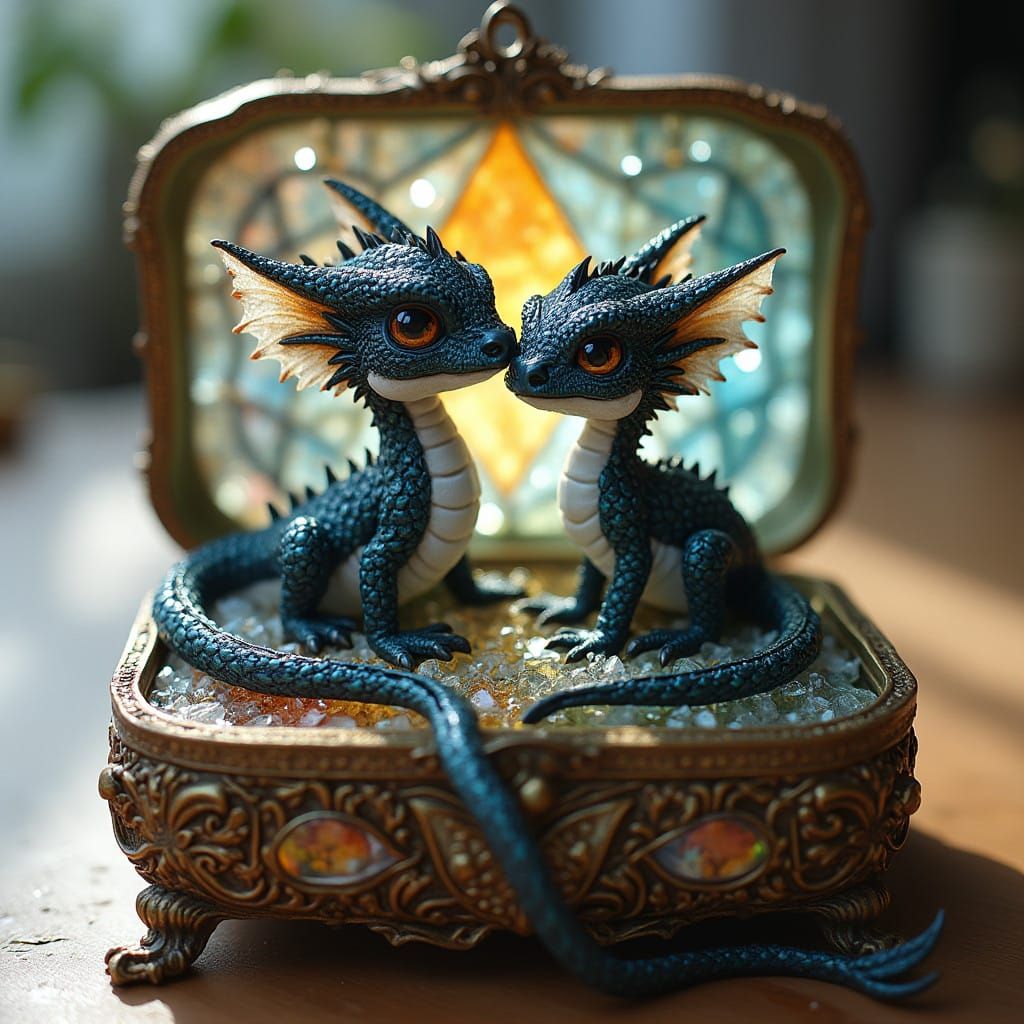 Miniature Chibified Dragons in an Antique Jewelry Box