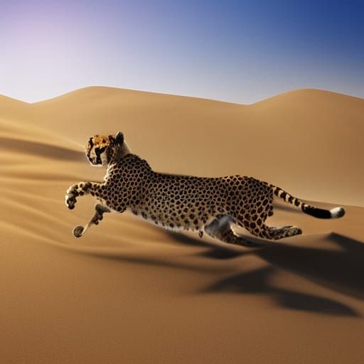 cheetah chasing an impala, sand dunes, bush, bright blue clo...