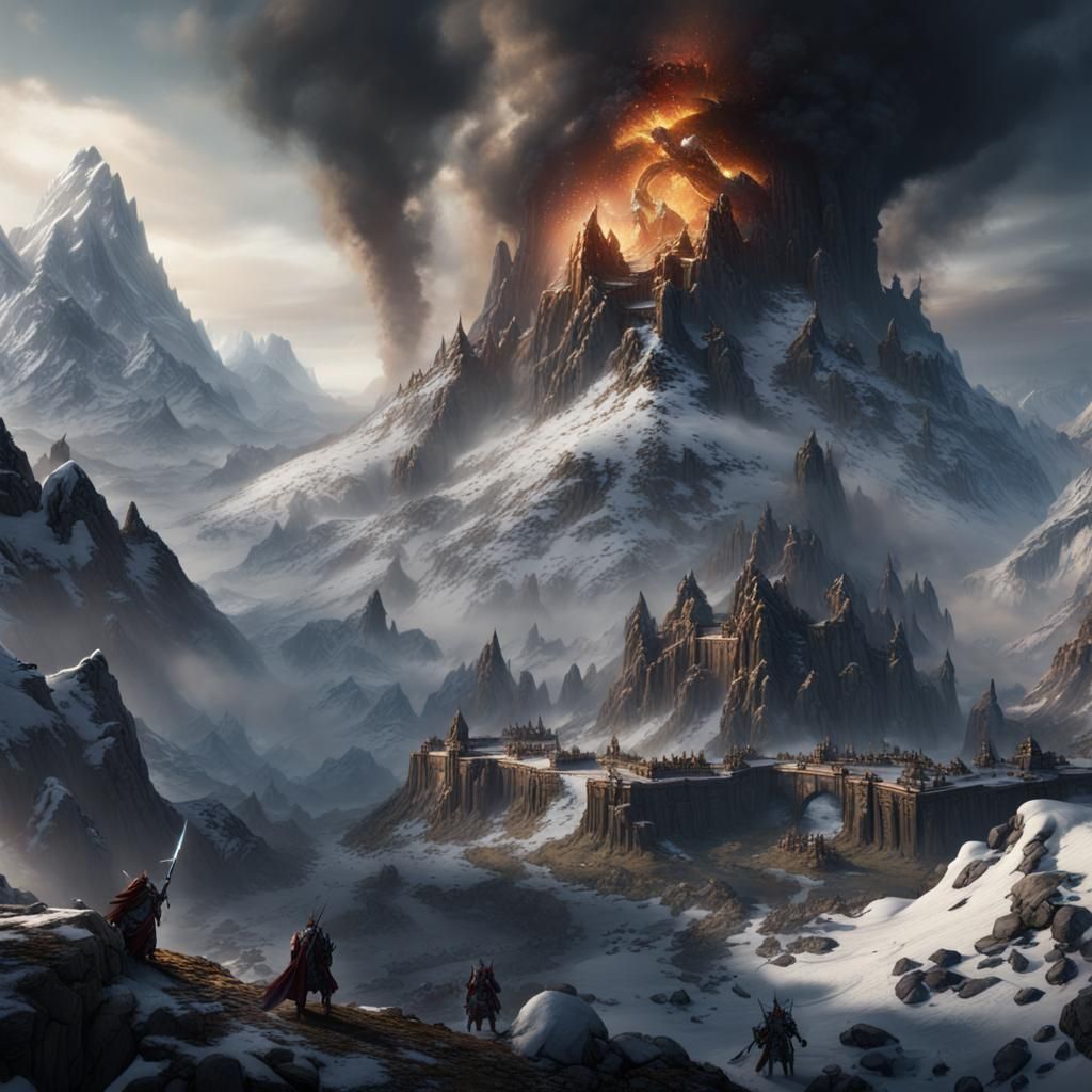 black smoke rising behind snowy mountain, battle in the dist...
