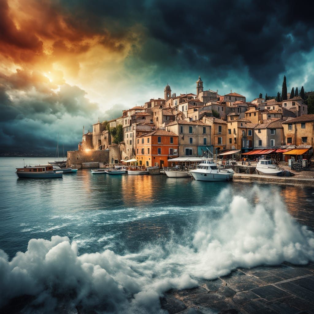 A fantastical, ethereal rainy , soft focus view of Mediterranean village harbor that dissolves into flowing gradients bu...