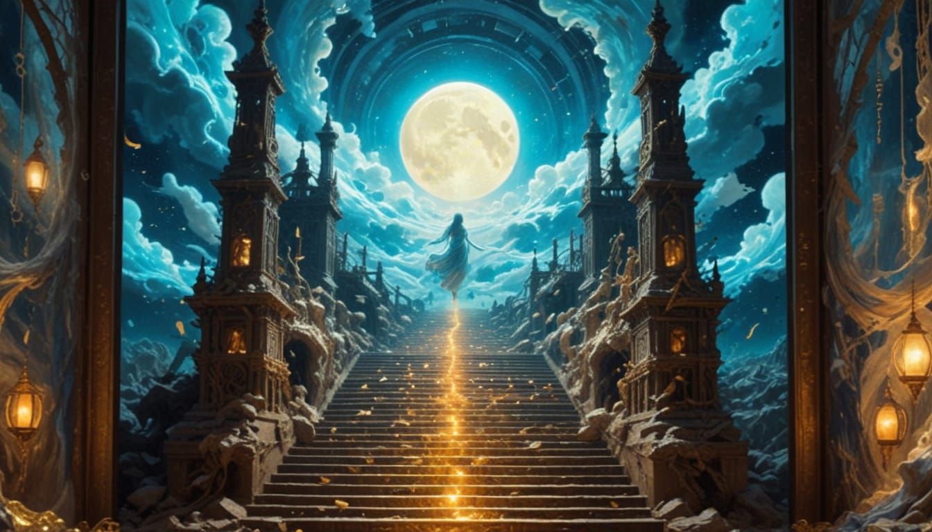 Surreal fragmented dreams. Scenes of moons trapped in cages, infinite staircases winding into nothingness, and shadowed figures weeping molt...