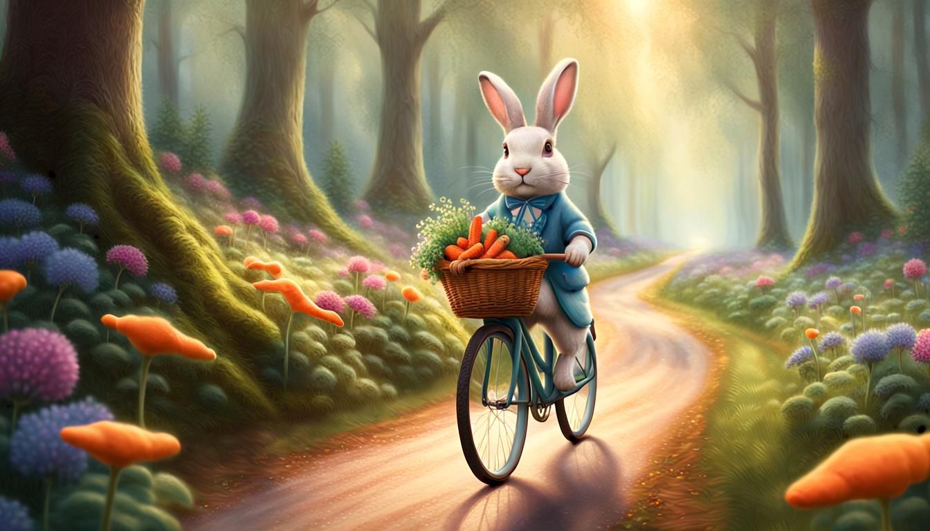 Rabbit on Bicycle in Ethereal Fantasy Forest