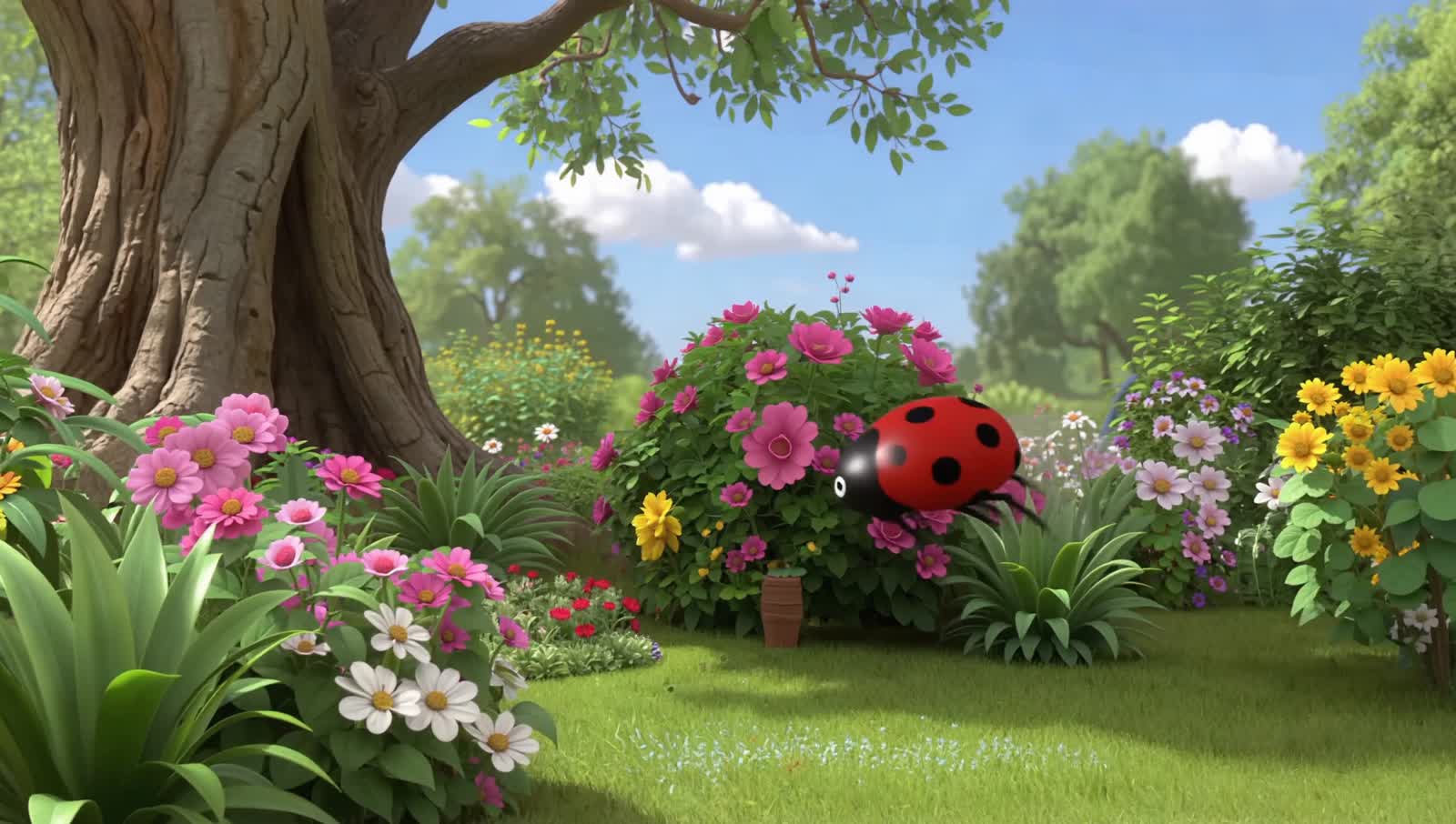 A small lady bug flying around a beautiful garden. She flies away and returns as a beautiful fairy