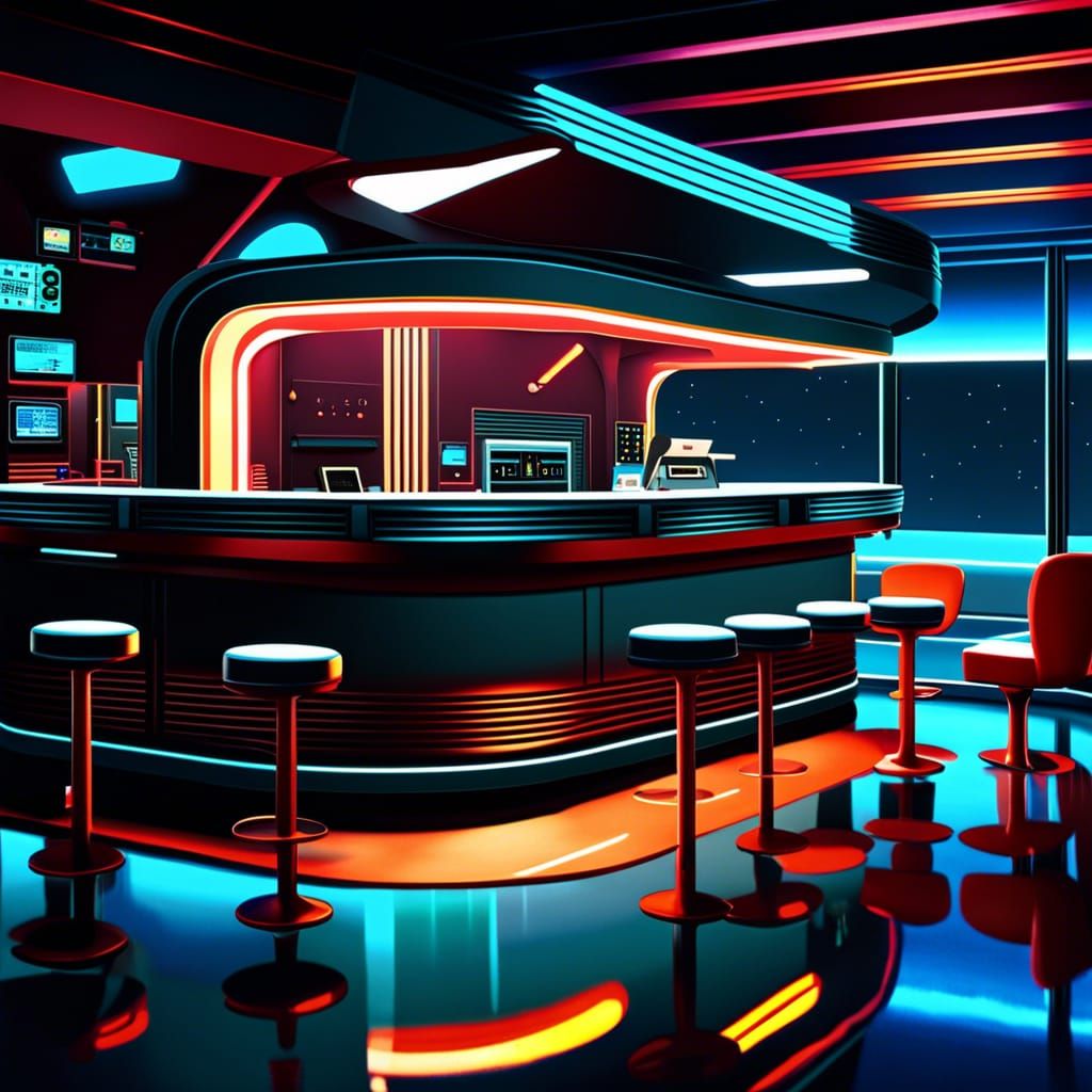 Exterior, spacecore retrofuturisitc, galactic, dimly lit Din...