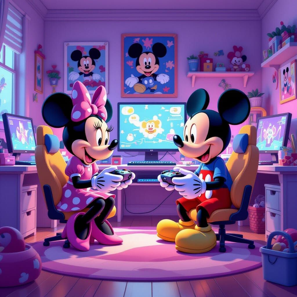 Mickey and Minnie Mouse Gaming in a Colorful Playroom