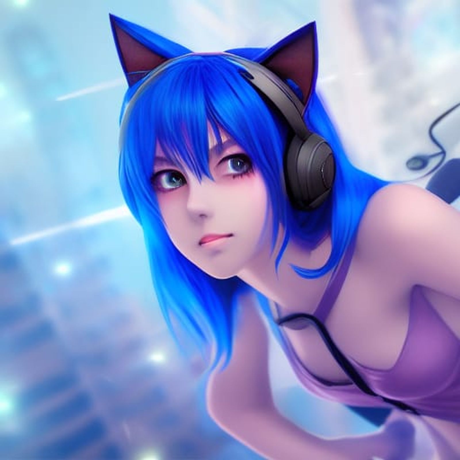 Anime catgirl with blue hair wearing headphones - AI Generated Artwork ...